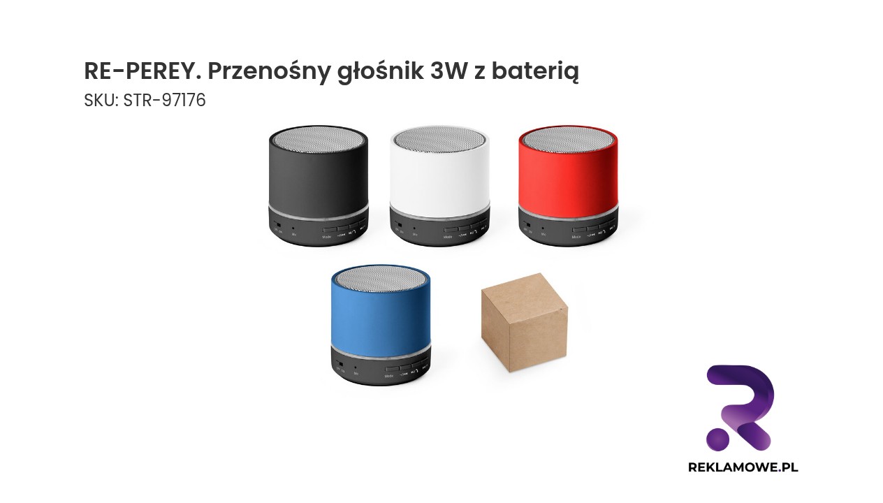 RE-PEREY. Przenośny głośnik 3W z baterią o żywotności 4h30m w ABS pochodzącego z recyklingu (100% rABS) RE-PEREY przenośny głośnik 3W z baterią – kompaktowy głośnik bezprzewodowy